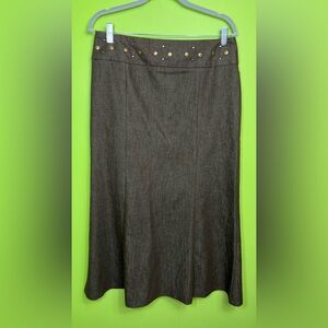 Vintage Style Brown Denim Midi Skirt Studded Waist Flared Hem size 10